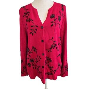 Jones New York Cardigan Embroidered Sequins Red Cherry 2x Elegant Casual